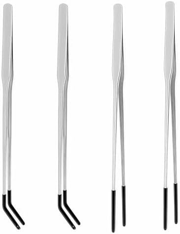 LinamHoz 4 Pcs Reptile Feeding Tongs with Rubber Tip, Rubber Tipped Long Tweezers with Straight & Curved Head Feeder Tool for Aquarium Terrarium