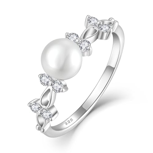 STARCHENIE Freshwater Cultured Pearl Ring 925 Sterling Silver 6mm White Pearl Ring for Women Anniversary Jewelry Size 6