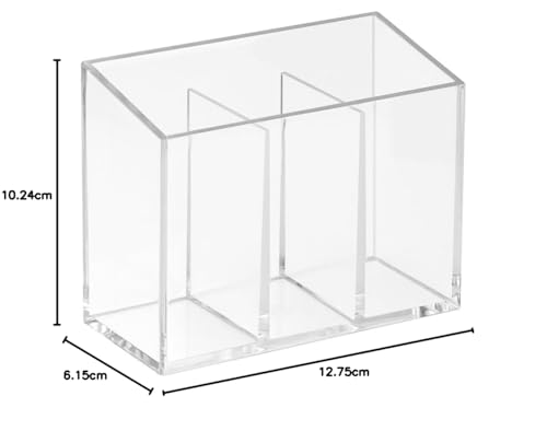 iDesign Makeup Organiser with 3 Compartments, Plastic Makeup Brush Holder for Dressing Table, Makeup Storage for Brushes, Eyeliner, Lipstick and More, Clear