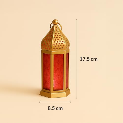 Image of MARKET 99 Metal & Glass Moroccan Lantern with Embossed Glass | Christmas & Holiday Candle Holder, Festive Home Decor, Diwali, Birthday & Wedding Decoration-Golden & Red | (Use LED T-Light only)