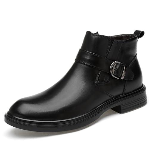 Botines con hebilla de metal for hombre, zapatos Oxford de piel auténtica, punta redonda, informales, suela suave, antideslizantes, for uso diario en la oficina.(Bright black,45 EU)