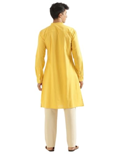 Image of SAADAA Men's Long Kurta - Linen Cotton Blend, Airy Fabric, Regular Fit, Mandarin Collar, Solid Color - Casual, Festive & Ethnic Wear