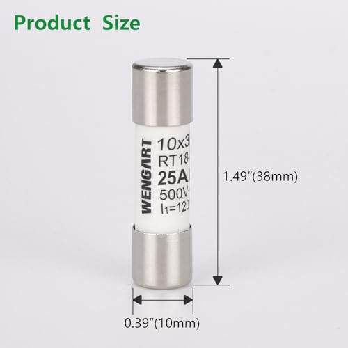 Wengart AC Zylindersicherungseinsatz RT18-32 (RO15), AC500V 25A, 10 Stück, 10x38mm, 120 kA, starkes Schaltvermögen, kann den Stromkreis zuverlässig schützen