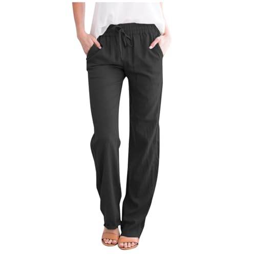 Pantalones de verano para mujer de algodón de lino ligero cómodo con cordón blanco largo pantalones elegantes pierna ancha con bolsillos pantalones casuales Joggers pantalones holgados con cintura