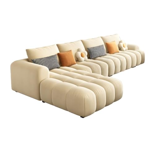 Image of Modern Cloud Puffy Velvet Sofa Tufted Structure Round Arm L-Shaped Sofa Set Round Back with Throw Pillows for Living Room (Beige 2)
