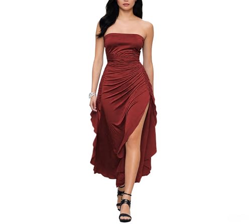 Women Sexy High Slit Ruched Tube Maxi Elegant Off Shoulder