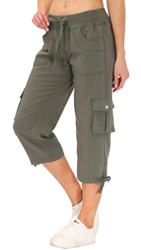 MoFiz Women's Cargo Capris Hiking Pants Lightweight Quick Dry Running Outdoor Casual Shorts Button Pockets UPF 50+ Army Green M - Thumbnail 3