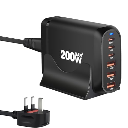 200W 6-Port USB Charging Station, PD 100W USB C USB A GaN III Charger Laptop & Phone Fast Charger Plug, Compatible with MacBook Pro/Air,Dell XPS, iPhone 15/16/14/ Pro, iPads, Steam Deck