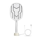Solimo Anti Mosquito Racquet with Base Stand | Rechargeable Electric Fly Swatter | Handheld Bug Zapper Bat | 1200 mAH Li-ion Battery | USB Charging, ‎White Grey