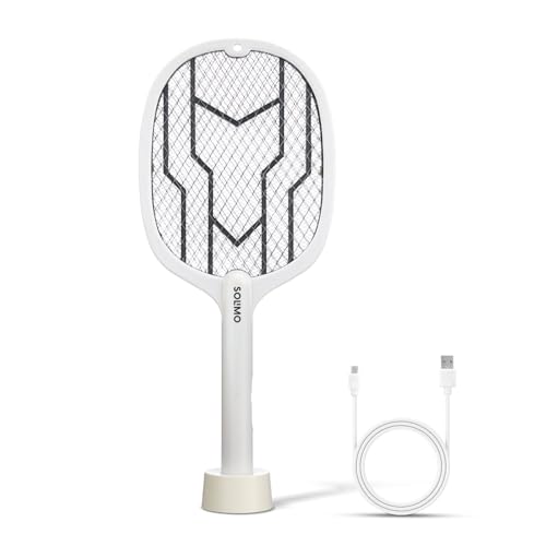 Amazon Brand - Solimo Anti Mosquito Racquet with Base Stand | Rechargeable Electric Fly Swatter | Handheld Bug Zapper Bat | 1200 mAH Li-ion Battery | USB Charging