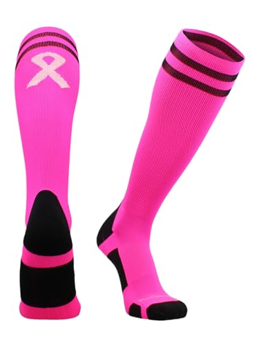 MadSportsStuff Pink Ribbon Breast Cancer Awareness Socks with Stripes for Baseball Softball Football Boys Girls Youth Adult
