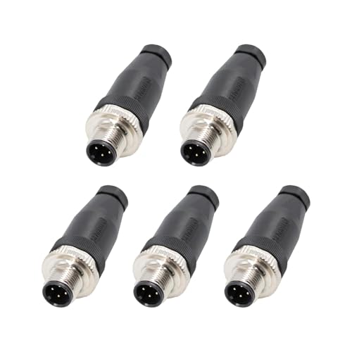 Elecbee 5PCS M12 4 Pin Connector Field Wireable A Code Straight Male Plug Non-Shield 12mm Industrial Circular Connector, Outdoor Waterproof IP67