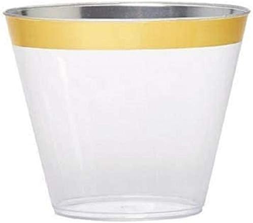 Oojami 100 piece 9 Oz Party Cups Old Fashioned Gold Rimmed Tumblers Fancy Disposable Wedding Cups Elegant 9 oz Party Cups