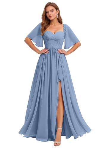 Chiffon Long Bridesmaid Dresses for Women A Line Flutter Sleeve Formal Evening Gowns with Slit Ruffle Prom Dress4