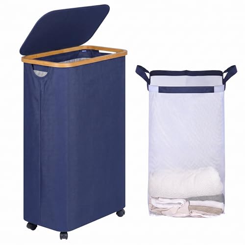 Image of efluky Slim Laundry Hamper with Wheels, Narrow Laundry Basket with Lid and Removable Bag, Aesthetic Dirty Clothes Hamper on Wheels for Laundry Room, Bedroom, Dorm and Bathroom, 75L Beige
