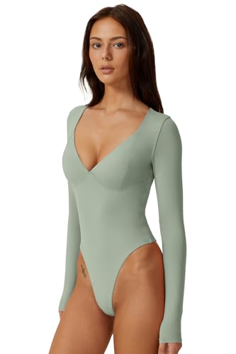 Image of QINSEN Women's Long Sleeve Bodysuit V Neck Body Suits Seamed Cup Going Out Tops Shirt