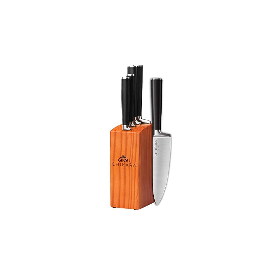 Ginsu-Gourmet-Chikara-Series-Forged-5-Piece-Japanese-Steel-Knife-Set--4-Stainless-Steel-Kitchen-Knives420J-1-Finished-Hardwood-Block-07135DS Ginsu Chikara Series Forged 5-Piece Japanese Knife Set, Black - Premium Cutlery Set with 420J Stainless Steel Kitchen Knives and Toffee Bamboo Block