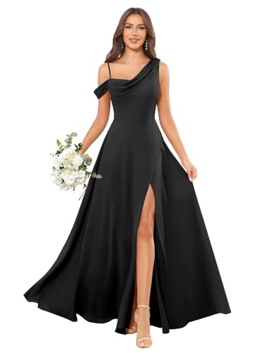 Fu Jiang One Shoulder Bridesmaid Dresses with Slit Chiffon Cold Shoulder Long Formal Evening Party Gowns