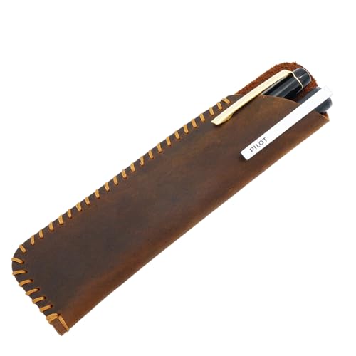 Image of Handmade Leather Double Pen Case Crazy Horse Leather Fountain Pen Pouch Protective Sleeve Cover