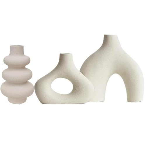 Set di 3 vasi in ceramica beige Doppelberg per moderno boho nordico, minimalista, decorazione per soggiorno, matrimonio, cena, tavolo, festa, ufficio e camera da letto