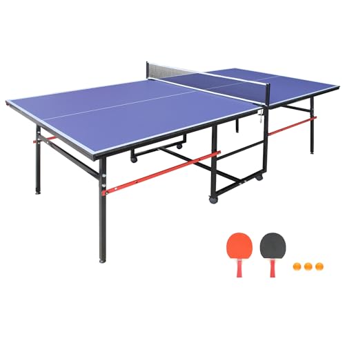 Rakon Blue Folding Rolling Table Tennis Table Indoor and Outdoor Table Tennis Table, 2 Rackets, 3 Balls, 1 Net and 4 Wheels Set Behind It for Easy Movement