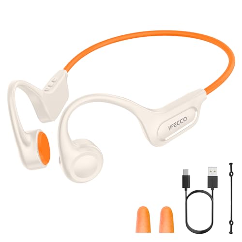 IFECCO Knochenschall Kopfhörer Bluetooth 5.4, Open Ear Kopfhörer Kabellos IPX6 wasserdichte Schweißfeste Bone Conduction Headphones, Sportkopfhörer für Läufer Radfahren Fahrrad(Beige-Orange)