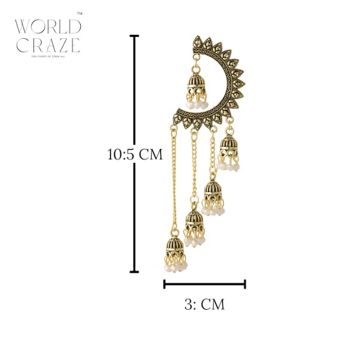 Image of WORLD CRAZE Multicolour long kashmiri jhumka for women chandbali earrings chand baliyan | kashmiri earrings for women | bahubali earrings stylish | Traditional Indian Festive Jewelry | Long Chain Tassels | Pearl Drop Latkan Jewellery (Multi colour)