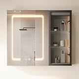 SONNI LED Spiegelschrank 70x60 cm mit Glasvitrine & Steckdose, Holz Grau