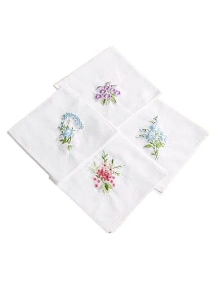 Shree adodhya Deluxe Set of 4 Embroidered White Handkerchiefs with Elegant Floral Designs – Purple, Blue & Pink bouquet-picture-51