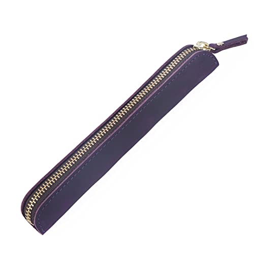 Image of Retro Crazy Horse Genuine Leather Stationery Pencil Case Storage Bag Casual Stationery Box (Purple)