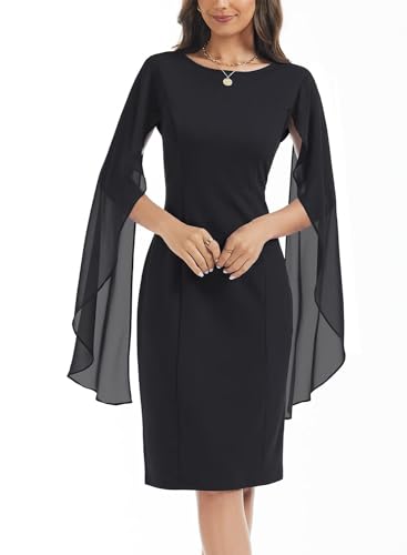 Image of HELYO Women's Chiffon Cloak Sleeve Mini Cape Dress V-Back Semi-Formal Elegant Bodycon Wedding Guest Evening Cocktail Dresses