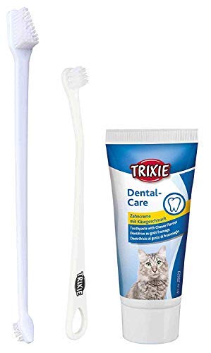 Dental Care Combo- Trixie Dental Hygiene Set + 3 Pack Kittos Sunfish and Chicken Twirls for Cats