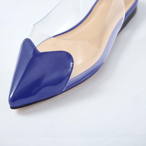 VogueVent Women's Fashion Pointed Toe Heart Transparent PVC Slingback Flat Shoes Comfort Slip On Cap Toe Clear Ballet Flats Work Wedding Dress Flat Shoes for Women Blue Size 103