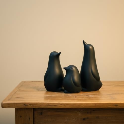Image of Ceramic Penguin Family Figurine - Set of 3 | Black Penguin Figurines for Home Decor | Modern Nordic Tabletop Accent for Living Room, Bedroom, Office Desk & Shelves | Gift for Housewarming