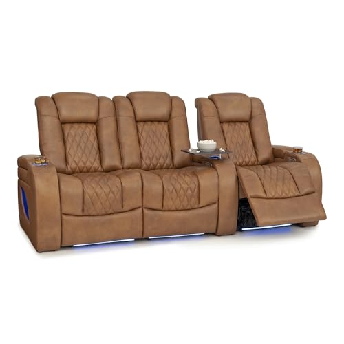 Image of Seatcraft Virtuoso LT Tawny Italian Leather Home Theater Seating, Zero Gravity Power Recliner, Heat and Massage, Powered Headrest and Lumbar Gaming and Home Office Chair, Row of 3 Left Loveseats