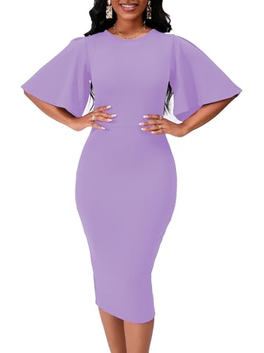 Image of Bdwinz Women's Basic Bodycon Ruffle Flared Short Sleeve Pencil Midi Dress
