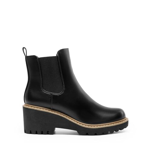 DREAM PAIRS DREAM PAIRS Women's Wedge Chelsea Ankle Boots Fashion Round Toe Low Wedge Heel Platform Booties Shoes,Size 11,Black-Pu,SDAB2403W