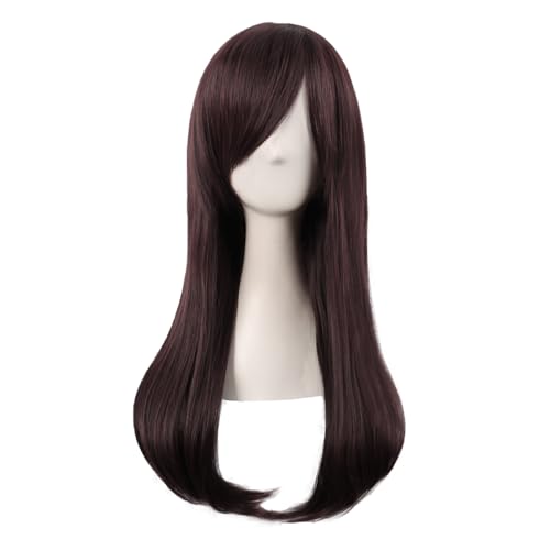 Image of MapofBeauty 24 Inch Long Side Bangs Wavy Curly Party Wig, Dark Brown | 60 cm Cosplay Wig