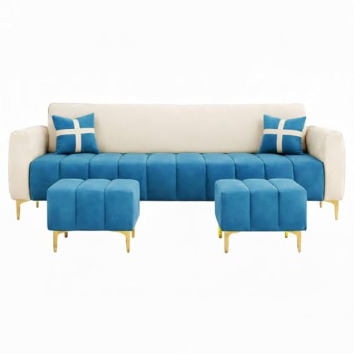 Image of Melody 3 Seater Modular L Shape Sofa Set with 2 Ottoman | Soft Velvet Upholstery, Sturdy Wooden Frame | Modern Sofa for Living Room, Hall & Office Spaces (Cream-Aqua Blue)