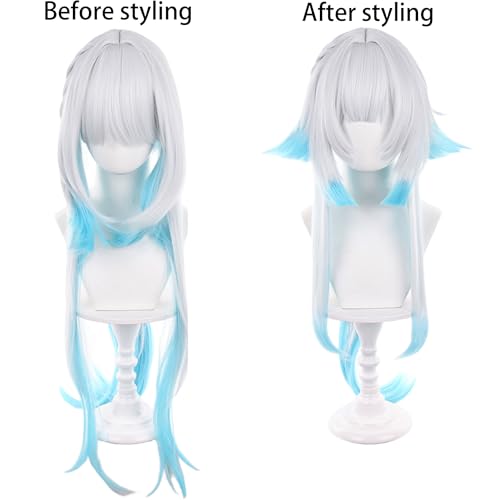 Image of Anime White Gradient Blue Wigs with Bangs Women Long Straight Wig with Braids and Ponytail Cery Adult COS Game Empress Wigs Halloween,Christmas,Comic con,Game Show,Party