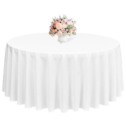 Lumaycens 1 Pack White Round Tablecloths,90 Inch Round Table Cloth Washable and Reusable Stain and Wrinkle Resistant Polyester Fabric for Wedding Party Banquet Camping Restaurant Decoration