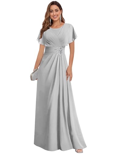 GUKARLEED Women’s Mother of The Bride Dresses Scoop Neck Short Sleeve A-line Formal Dress for Mother Groom Wedding Guest Gown