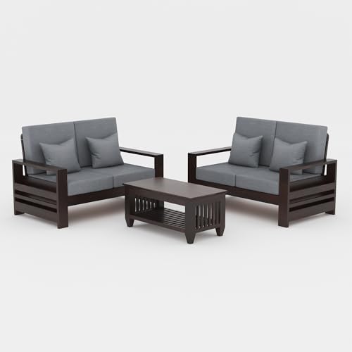 Image of Sheesham Wooden 4 Seater Sofa for Living Room | Rosewood 4 Seater Cushion Sofa with Side Rack | Solid Wood Sofa Set for Lounge (2+2,Walnut Finish)