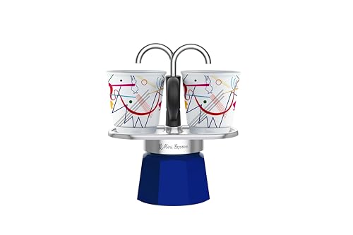 Bialetti - Mini Express Kandinsky: Moka Set includes Coffee Maker 2-Cups (2.8 Oz) + 2 shot glasses, Light Blue, Aluminum