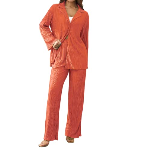 Geagodelia Damen Zweiteiler Plissee Set Elegant Hosenanzug Langarm Revers...