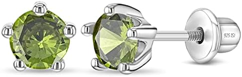 925 Sterling Silver Classic 4mm Simulated Peridot Birthstone Prong Set Screw Back Stud Earrings for Girls - Stud Earrings with Premium Screw Backs - Light Green CZ Earrings for Girls Born in August