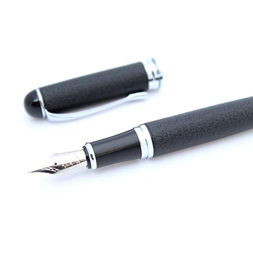 Writers Pens Jinhao X750 Black Texture Fountain Pen Set - Black Velvet Sleeve, 10 Black Ink Cartridges - Medium Nib, Black Textured Barrel With Silver Color Trims, Removable Ink Converter #TOP6