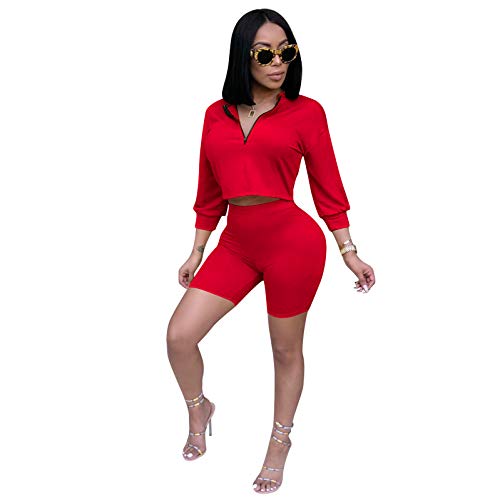 Women 2 Piece Short Set Sexy Outfits for Women Sweatsuits Matching Tracksuit Set Cute Loungewear Casual Clubwear Red L