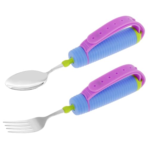Adaptive Utensils, Non-Slip Handles for Hand Tremors, Adjustable Silicone Strap, 360° Rotatable Adaptive Eating Utensils, Easy Grip Adaptive Spoon and Fork for Disability