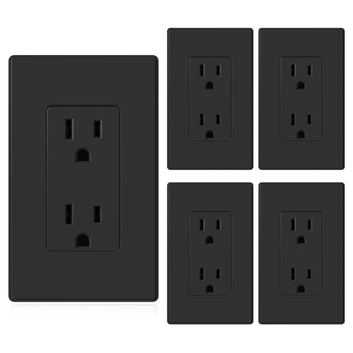 ELEGRP Matte Black Standard Decorator Electrical Wall Receptacle Outlet 15A 125V 2 Pole 3 Wire Non-Tamper Resistant NEMA 5-15R Self-Grounding Mid Wall Plate Included UL Listed (5 Pack)